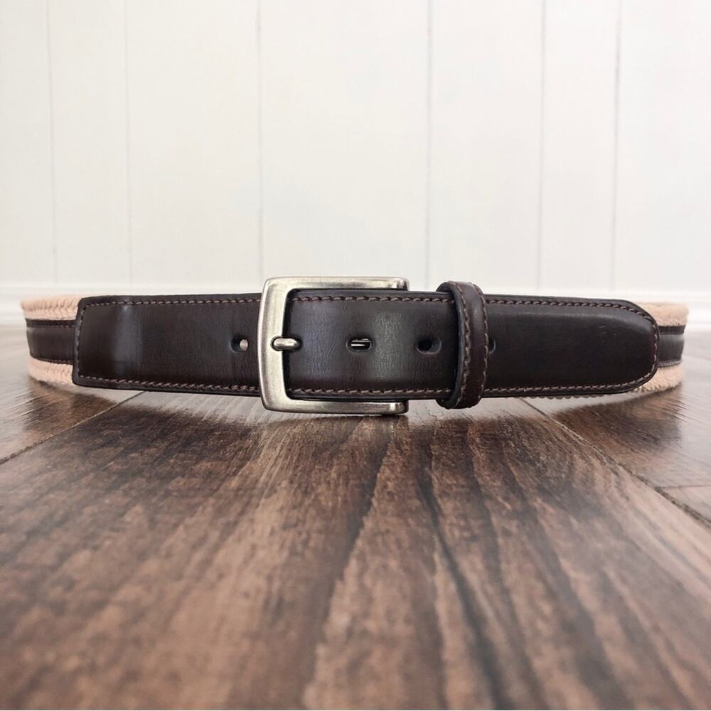 Columbia Belt Leather Trim Braided Silver Tone Buckle Mens Size 42 Brown Tan